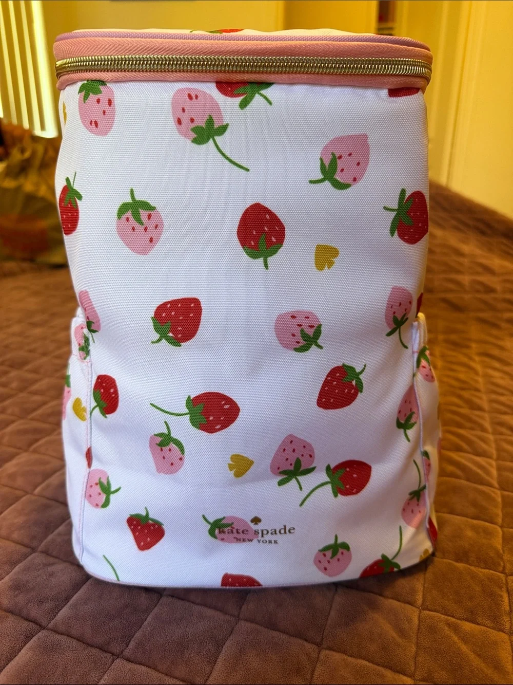 kate spade White & Pink Strawberry Print Cooler Backpack